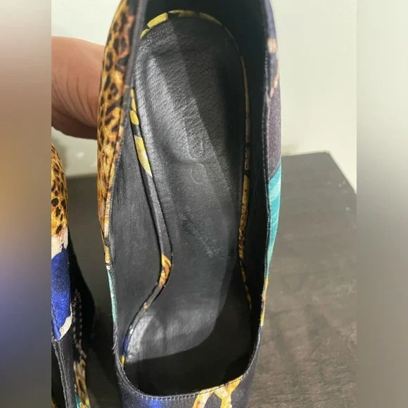 ALDO Platform peep-toe Retro Y2K leopard & gold chain print satin feel size 9 - Picture 8 of 14